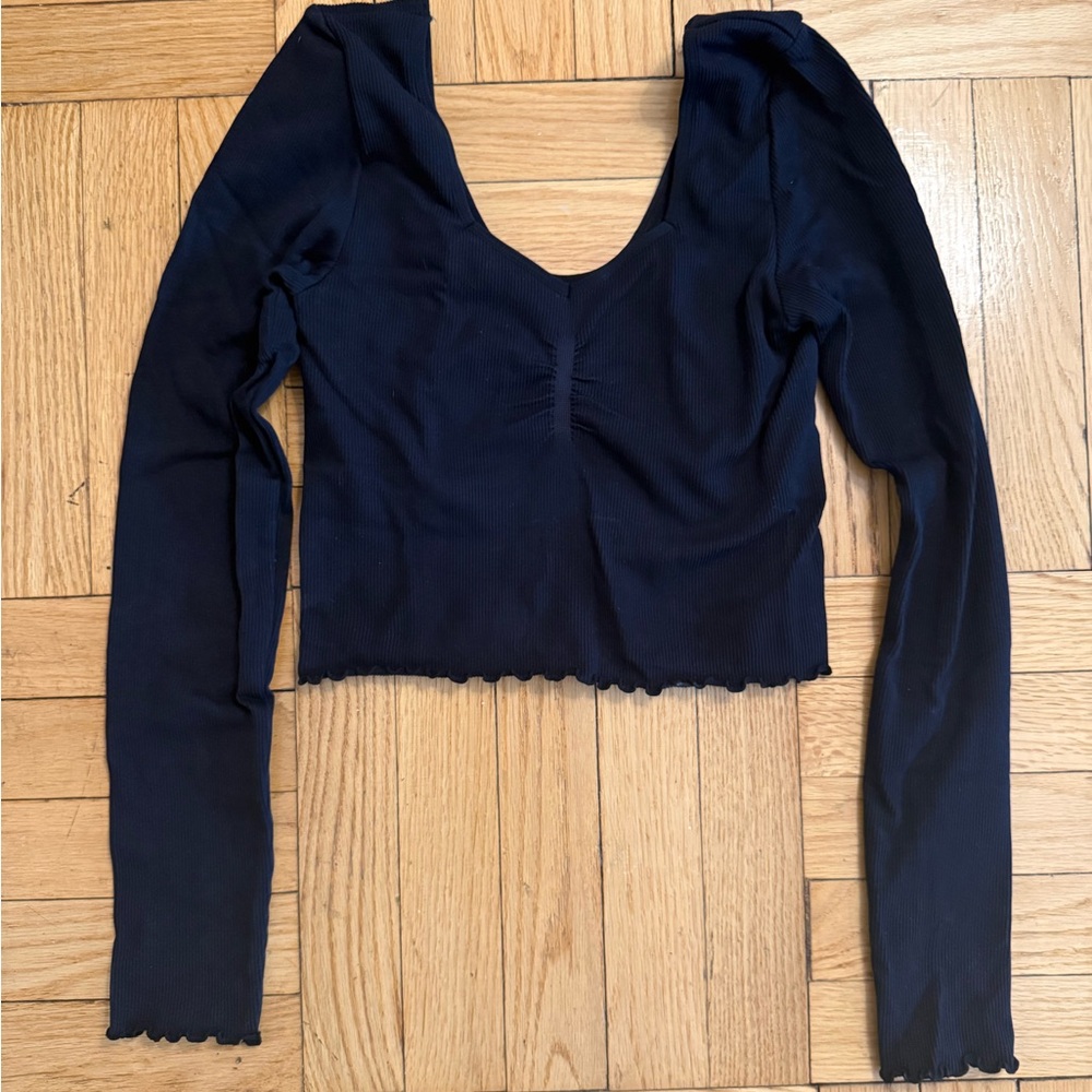 Spiritual Gangster Black Ribbed Long Sleeve Crop Top